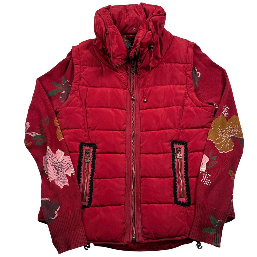 Desigual Puffer Jacket Womens 38 Small Red Floral Knit Sleeve Coat 69E29D6